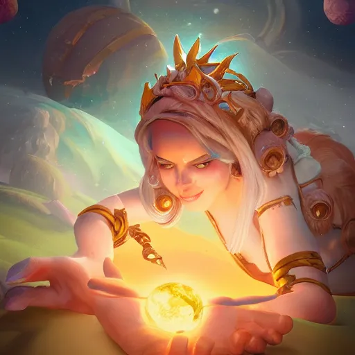 Prompt: a player goddess rolling the earth on her finger, floating in space, highly detailed, digital painting, artstation, octane render, concept art, matte, sharp focus, hearthstone, illustration