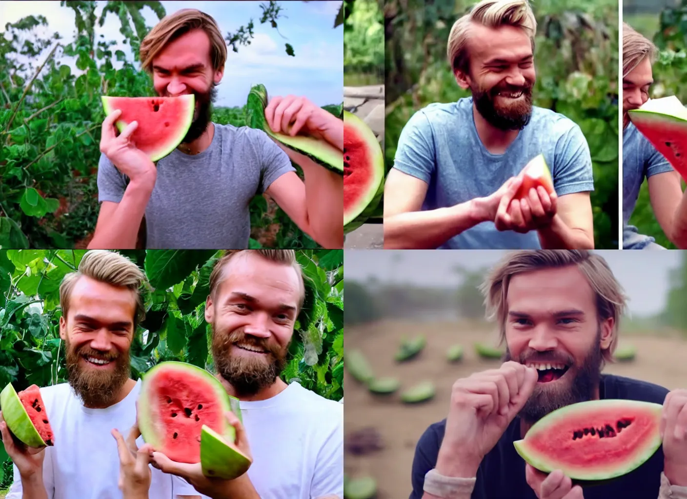 Prompt: Pewdiepie crushing a cocomelon watermelon with his bare fist, dramatic cinematic photography, Felix Kjellberg is happy while smashing the watermelon that looks like Cococmelon cinestill, YouTube video 800t