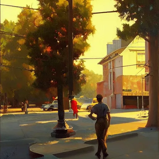 Prompt: street scene, summer time, sunlight, bright colorful, painting bykenton nelson, jeremy mann