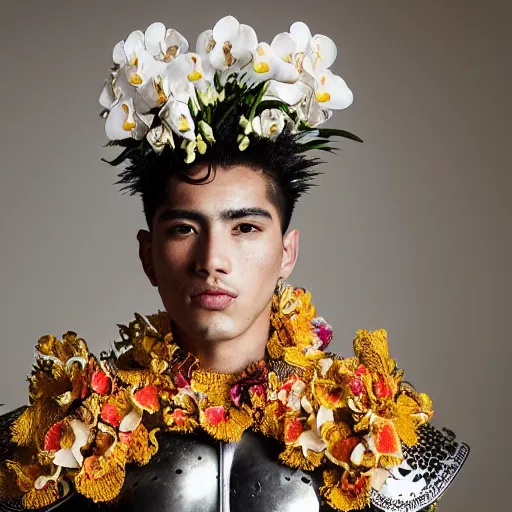 Image similar to a portrait of a beautiful young mexican male wearing an alexander mcqueen armor made of orchids , photographed by andrew thomas huang, artistic