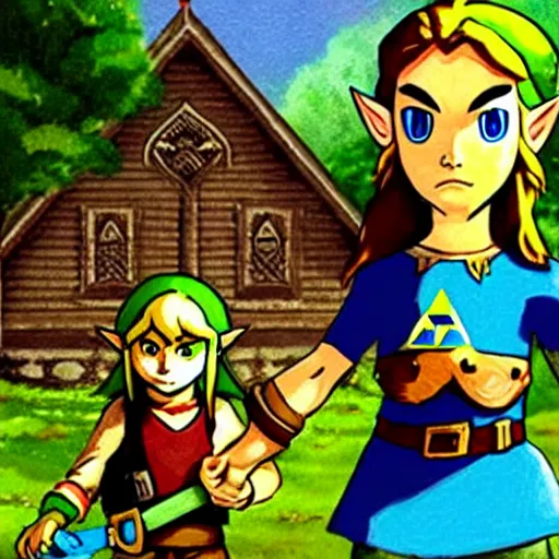 Image similar to the legend of Zelda in the style of American gothic