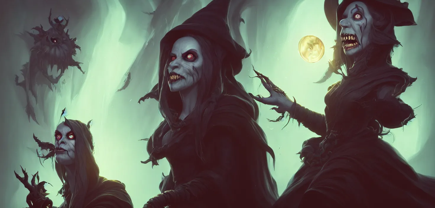 Prompt: portrait of a terrible mad witch, the ghost, cinematic view, by dom qwek, fish eye view, trending on polycount, artstation, 3 d hammer modeling, hd, vray, 8 k, sharp high quality artwork in style of greg rutkowski, concept art, blizzard warcraft artwork, hearthstone card artwork