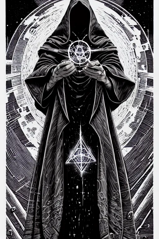 Image similar to cloaked ancient alchemist wizard casting a spell, high details, lineart, by vincent di fate and joe fenton,, inking, screen print, masterpiece, trending on artstation, sharp, high contrast, hyper - detailed, hd, 4 k, 8 k