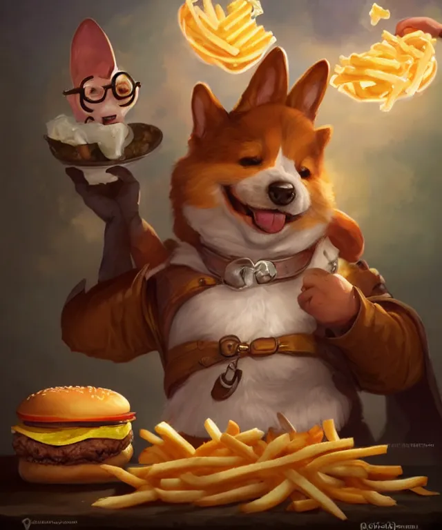 Image similar to a portrait of an anthropomorphic corgi cat eating hamburgers and fries, restaurant in background, cute and adorable, dnd character art portrait, well rendered matte fantasy painting, deviantart artstation, by jason felix by steve argyle by tyler jacobson by peter mohrbacher, cinematic lighting