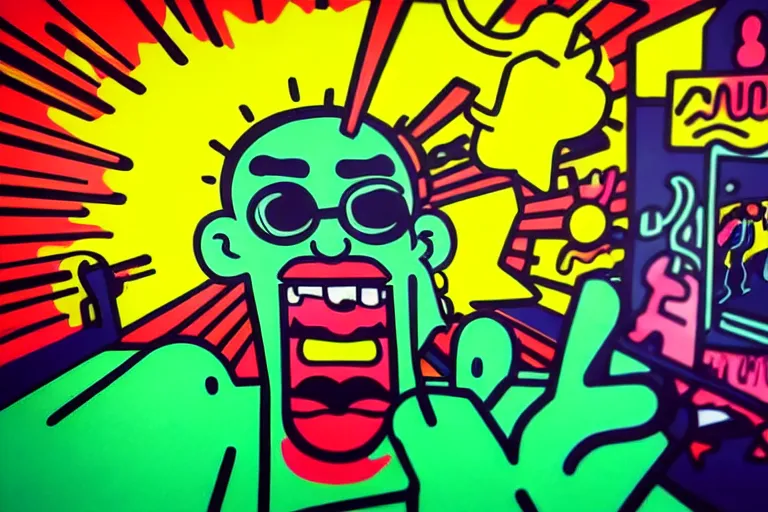 Image similar to pop art of someone taking a selfie smiling during the apocalypse, bright neon colors, intricate details, complementary colors, detailed face, backlighting, octane render, depth of field, extremely detailed, trending in artstation, focus on face, sharp focus, radiant light, beautiful composition, drawn by roy lichtenstein, keith haring, romero britto