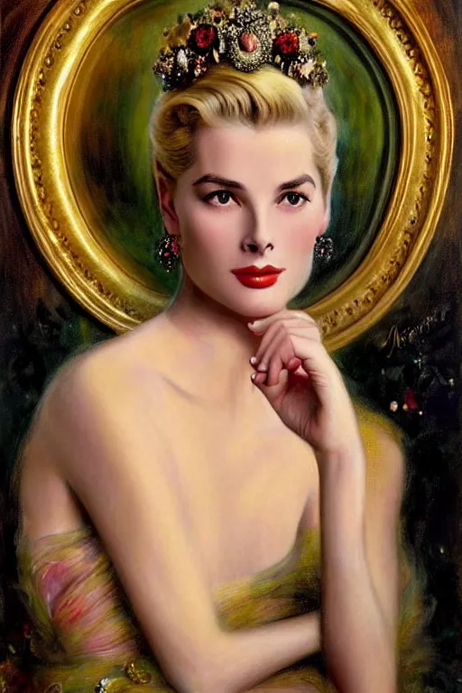 Image similar to a young and extremely beautiful grace kelly infected by night by dali in the style of a modern gaston bussiere, alphonse muca, victor horta, tom bagshaw. anatomically correct. extremely lush detail. masterpiece. melancholic scene infected by night. perfect composition and lighting. sharp focus. high contrast lush surrealistic photorealism. sultry expression on her face.