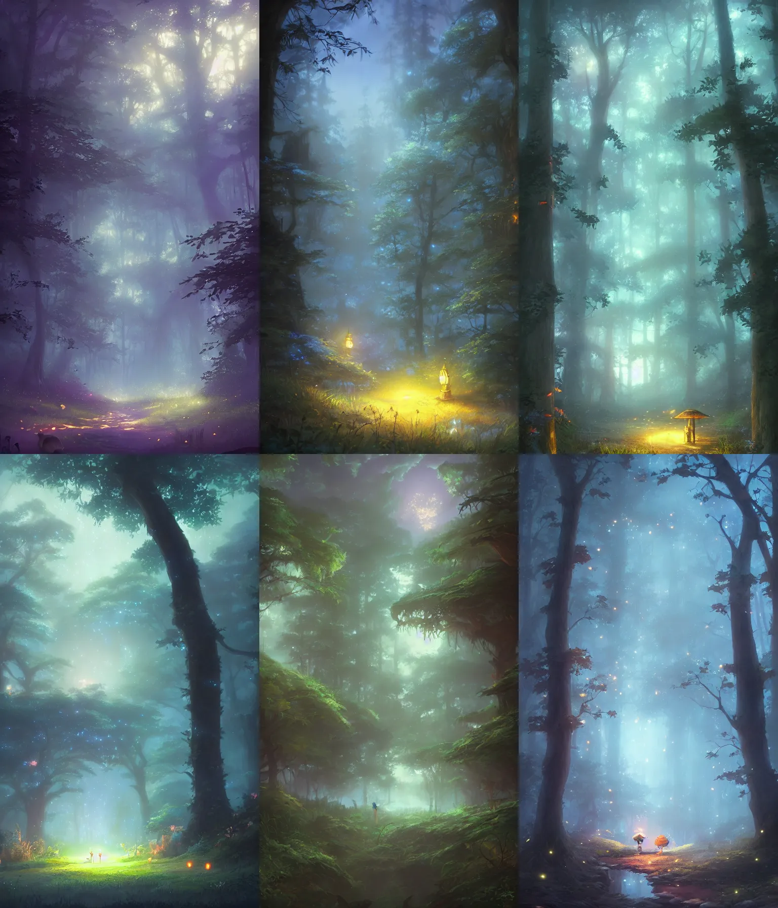 Prompt: magical forest with fireflies, fog, magical, night, soft lighting, soft focus, dark, blue, by tyler edlin and studio ghibli, artstation