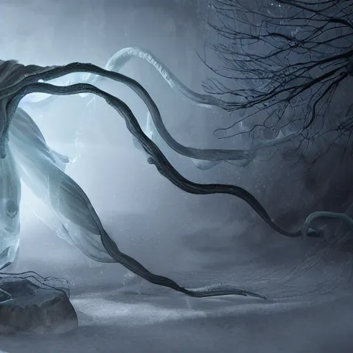 Prompt: an ethereal ghostly wraith like figure with a squid like parasite latched onto its head and long tentacle arms that flow lazily but gracefully at its sides like a cloak while it floats around a frozen rocky tundra in the snow searching for lost souls and that hides amongst the shadows in the trees, this character has hydrokinesis and electrokinesis for the resident evil village video game franchise with inspiration from the franchise Bloodborne as a real muppet from sesame street, photo realistic, photography, sesame street