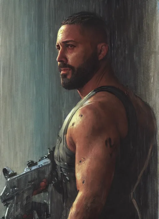 Image similar to dumb meathead. cyberpunk mercenary in a cyberpunk jumpsuit ( blade runner 2 0 4 9, cyberpunk 2 0 7 7 ). orientalist portrait by john william waterhouse and james gurney and theodore ralli and nasreddine dinet, oil on canvas. cinematic, hyper realism, realistic proportions, dramatic lighting, high detail 4 k