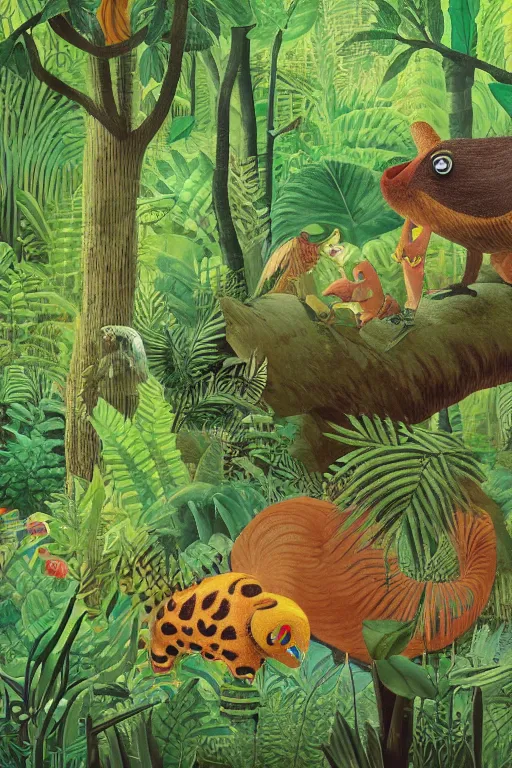 Prompt: rare bird in the jungle, hyper detailed, unreal engine render concept art, glitch, smudged paint, dark green, style of henri rousseau and richard scarry and hiroshi yoshida