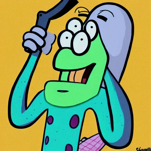 Image similar to squidward with hair, from spongebob squarepants holding a hammer, intricate abstract, cartoon by stephen hillenburg