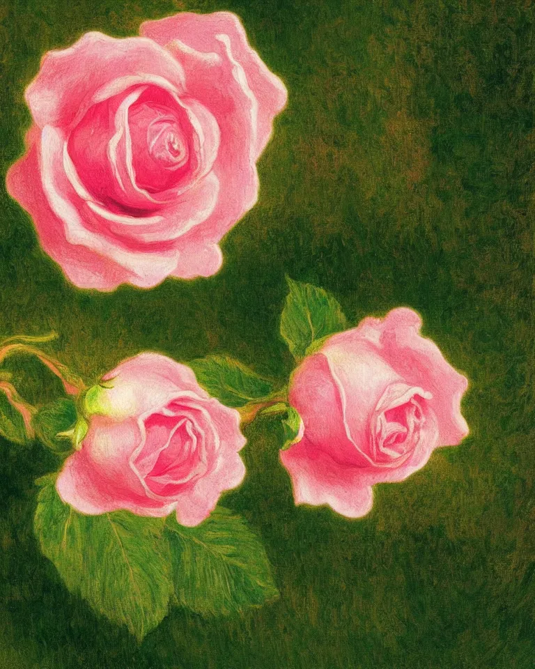 Prompt: achingly beautiful extreme close up painting of blooming pink rose on green background by rene magritte, monet, and turner. piranesi. macro lens, symmetry, circular.