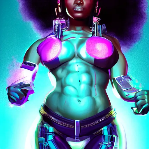Image similar to cyberpunk black woman with afro hair, corcovado on the background, blue and purple digital art trending on artstation, atmospheric lighting, artgerm