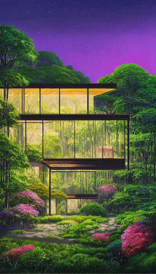 Prompt: a beautiful very detailed painting of nature home exterior by ludwig mies van der rohe, architecture island at dusk at night tron synthwave dramatic lightning rainforest forest landscape uv light meadow flowers thermal vision sunlight studio ghibli neon signs desert, archdaily, wallpaper, highly detailed, trending on artstation.