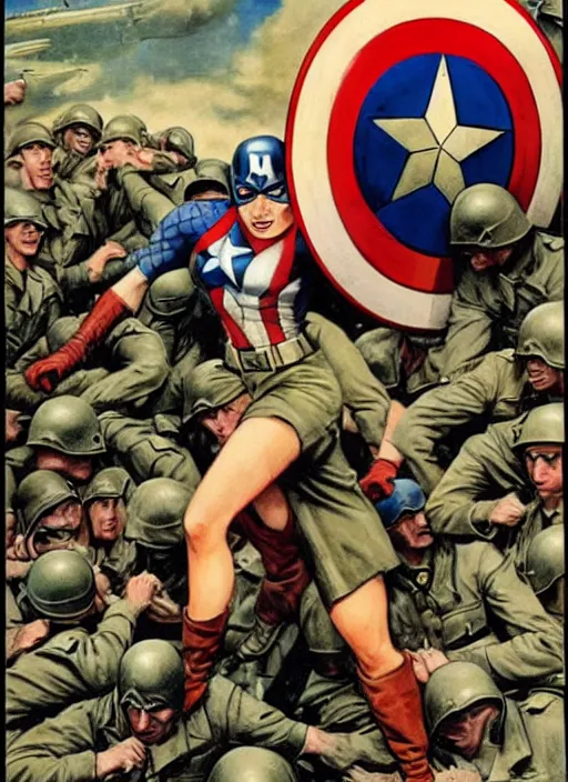 Image similar to beautiful female captain america standing on a pile of defeated german soldiers. feminist captain america wins wwii. american wwii propaganda poster by james gurney