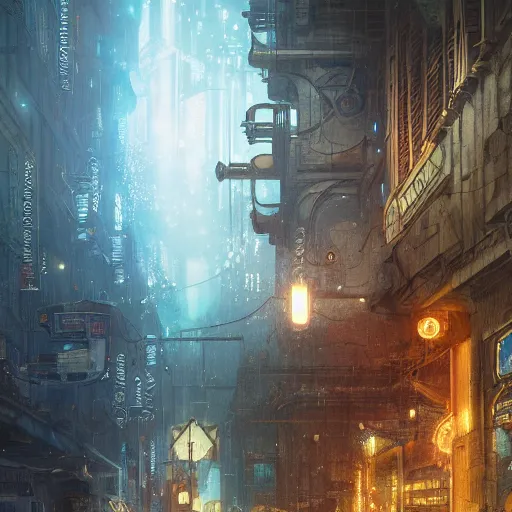 Prompt: Bladerunner 2049, steampunk city, magic library, carving on southern ice porcelain , overdetailed art, by greg rutkowski, by Alfons Mucha, complementing colors, colorful lights, fireflies, detailed illustration, octane render, smoky