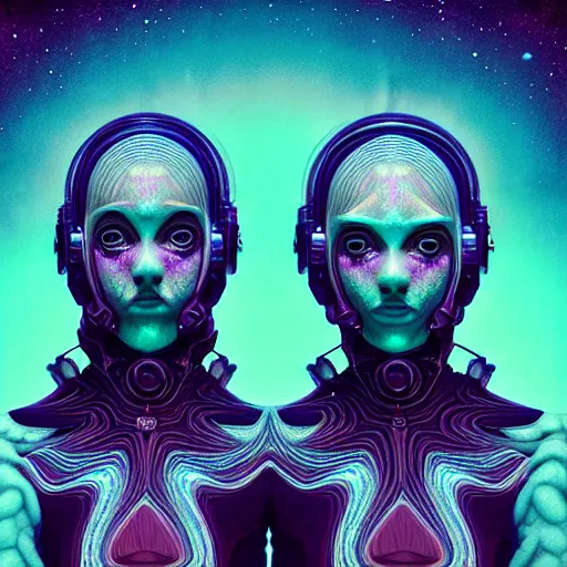 Prompt: twins from out space fractal, dark background, backlit:: by Martine Johanna and Simon Stålenhag and Chie Yoshii and Casey Weldon and Guillermo del toro :: ornate, dynamic, particulate, intricate, elegant, highly detailed, centered, artstation, smooth, sharp focus, octane render, 3d