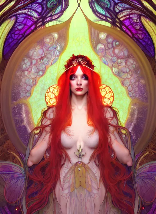 Image similar to stunningly beautiful female faerie priestess in amanita muscaria forest landscape, symmetrical wings on back, neon hair, fantasy art, wearing a dress of gossamer gold, inner glow, dark light night, sharp focus, digital painting, 4 k, concept art, by alphonse mucha, brom, face by otto schmidt,