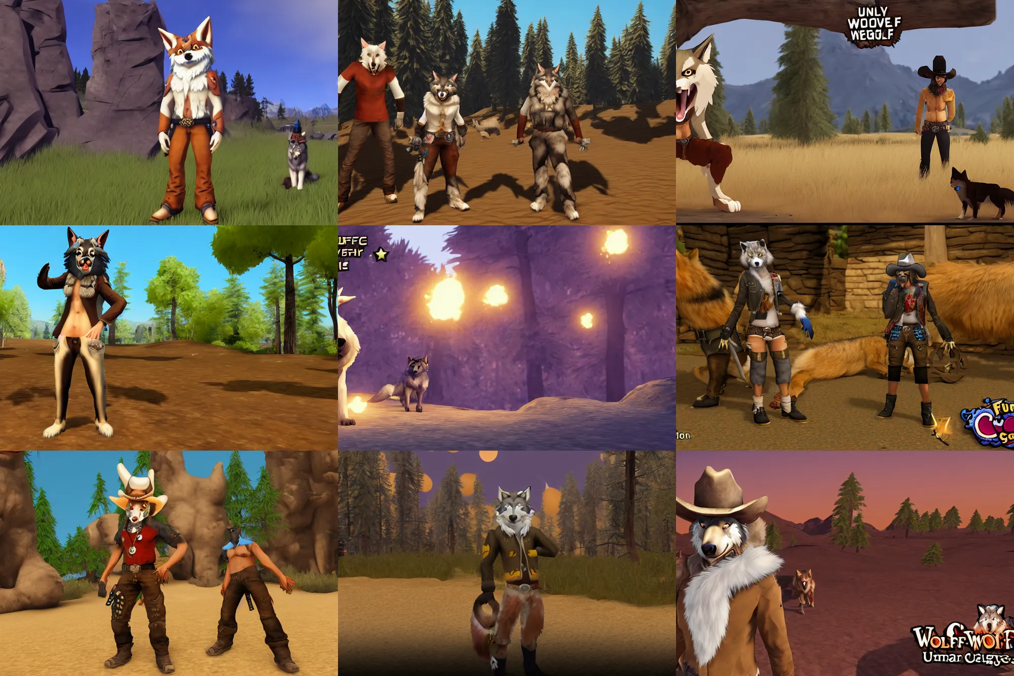 Prompt: furry - wolf - cowboy - fursona uhd ue 5 pc game screenshot : meowdy
