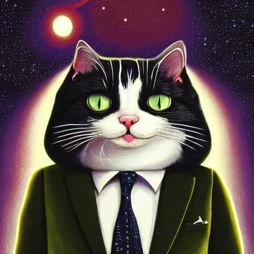 Prompt: portrait illustration of funny brittish cat with big green eyes, in the tuxedo and red tie, space and moon on the background by jeremiah ketner, quint buchholz, wlop, dan mumford