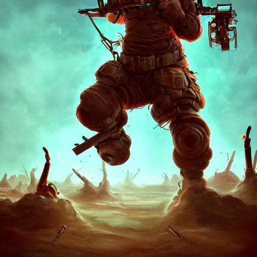 Prompt: comedian performing in a brutal battle field, stand-up comedy, dead laughing bodies on the ground, nuclear cloud in the far horizon, intricate, highly detailed, digital painting, trending on artstation, concept art, smooth, sharp focus