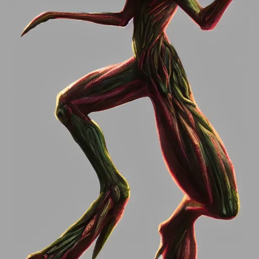 Prompt: female elf, tree person, dynamic pose, elongated legs, long fingers, talons, terrifying, dark, fog, artstation