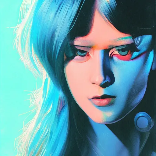 Image similar to hologram punk woman is interested, with cute - fine - face, pretty face, oil slick hair, realistic shaded perfect face, extremely fine details, by realistic shaded lighting, dynamic background, poster by ilya kuvshinov katsuhiro otomo, magali villeneuve, artgerm, jeremy lipkin and michael garmash and rob rey, and silvain sarrailh