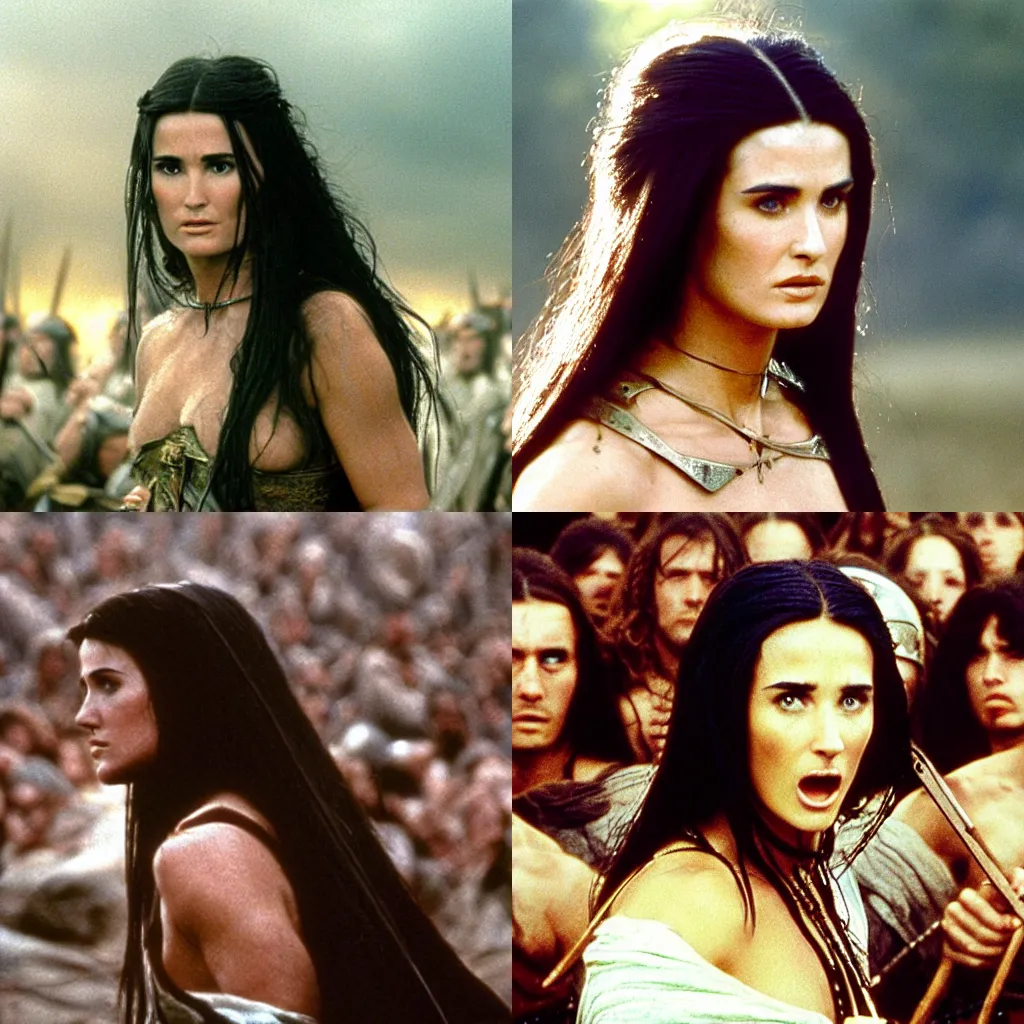 Prompt: epic photo of young demi moore as beautiful medieval sorceress with very long black hair, battle scene with a thousand warriors behind her in the background, sweaty, detailed eyes, neutral expression, shallow depth of field, photorealistic, cinematic lighting, lovely bokeh, warm colours, dusk, movie quality, braveheart 1 9 8 5, movie still, cinemascope