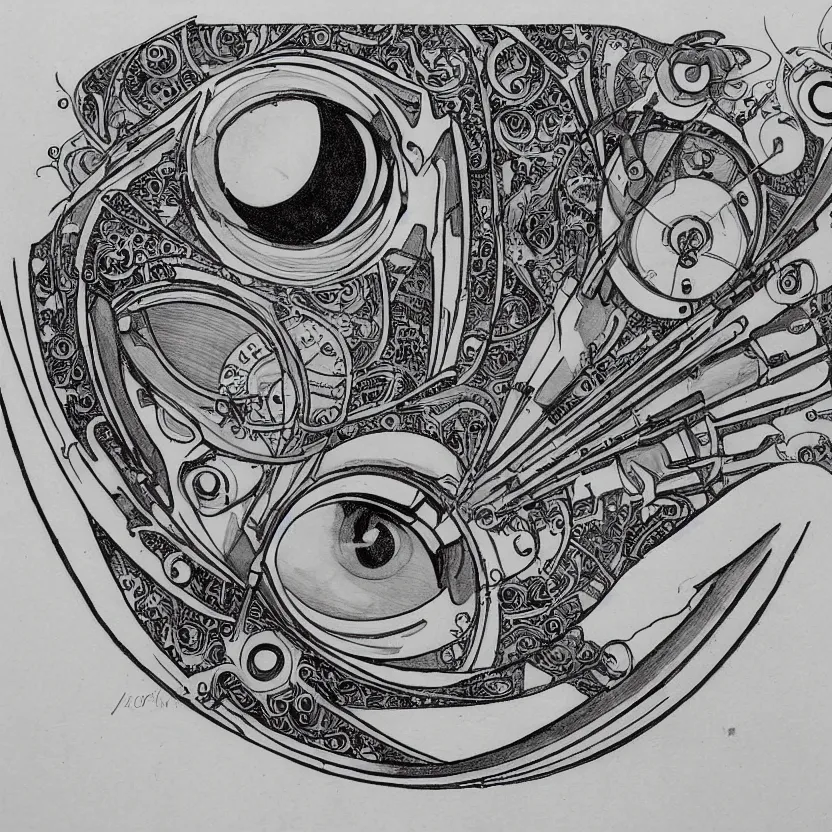 Image similar to art nouveau drawing of a complex cybernetic eye, business logo