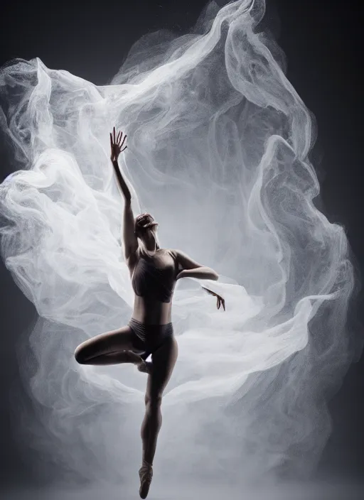 Image similar to a Photorealistic dramatic hyperrealistic render of a beautiful Female smoke dancer by Ken Brower and Deborah Ory of NYC Dance project,Lois Greenfield,Flowing cloth and smoke,Beautiful dynamic dramatic dark moody lighting,volumetric,shadows,cinematic atmosphere,Octane render,8K