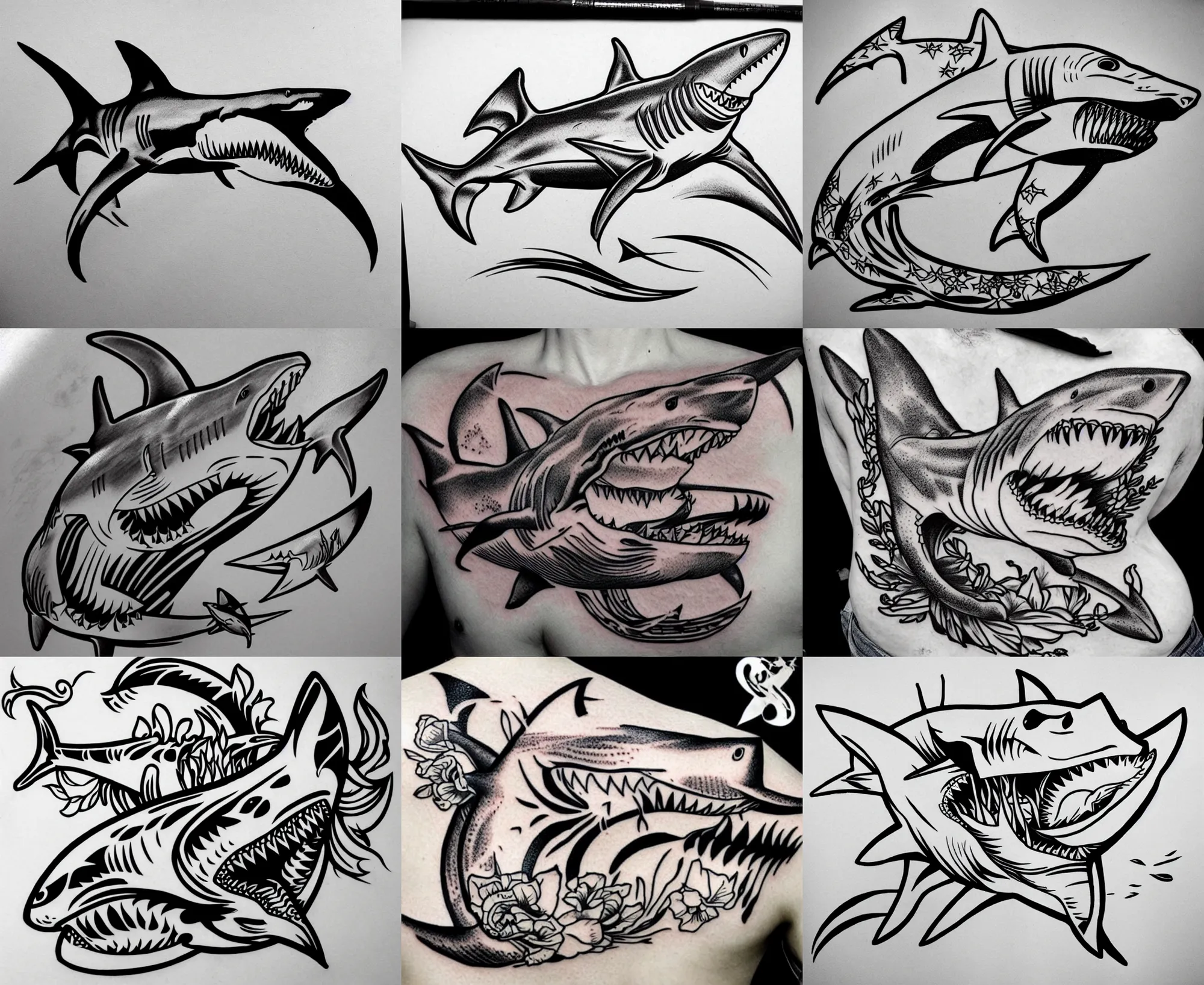 Image similar to detailed amazing tattoo stencil of a floral shark hunting