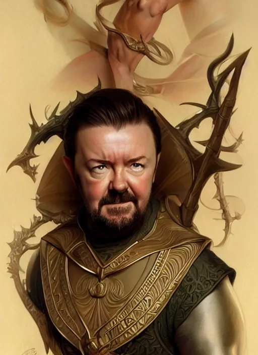 Prompt: portrait of ricky gervais as an elf, d & d, muscular! fantasy, intricate, elegant, highly detailed, digital painting, artstation, concept art, smooth, sharp focus, illustration, art by artgerm and greg rutkowski and alphonse mucha