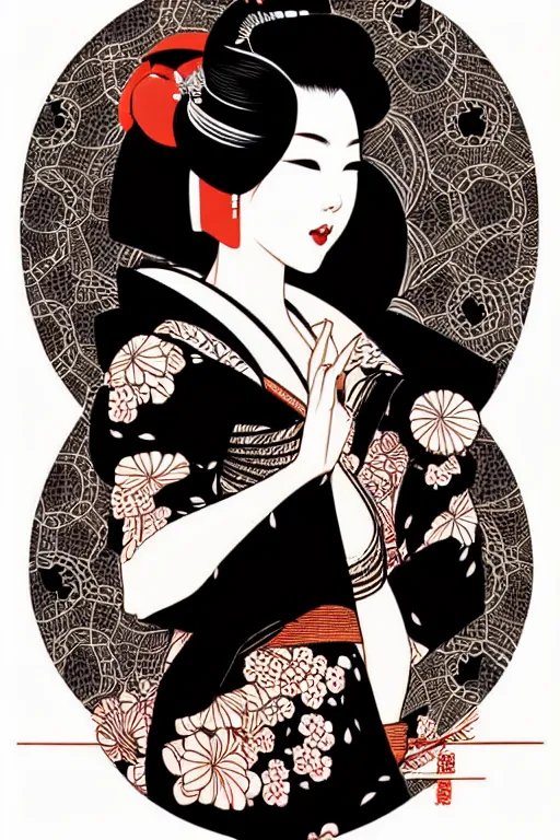 Image similar to silhouette of a geisha, vector art style, medium shot, intricate, elegant, highly detailed, digital art, ffffound, art by jc leyendecker and sachin teng