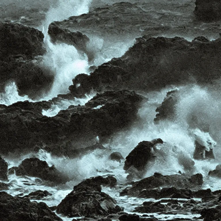 Image similar to dark and moody 1 9 7 0's artistic technicolor spaghetti western film, a large huge group of women in a giant billowing wide long flowing waving white dresses, standing inside a green mossy irish rocky scenic landscape, crashing waves and sea foam, volumetric lighting, backlit, moody, atmospheric, fog, extremely windy, soft focus