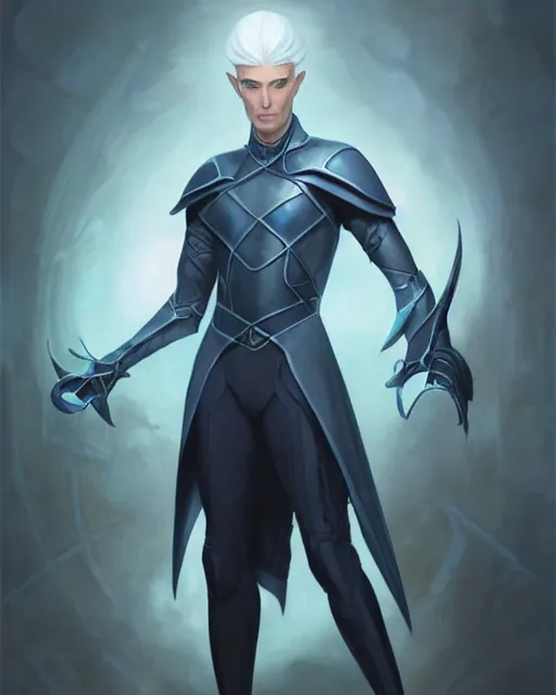 Prompt: character portrait of a slender young half elven man with white hair, piercing blue eyes, and pale blue skin, wearing sleek pearlescent black armor, by greg rutkowski and mark brookes and jim burns and tom bagshaw and magali villeneuve, trending on artstation