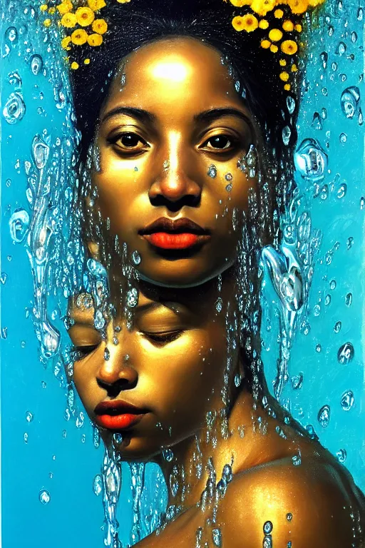 Image similar to hyperrealistic precisionist cinematic profile very expressive! oshun goddess, in water! john everett millais, mirror dripping droplet!, gold flowers, highly detailed face, digital art masterpiece, smooth eric zener cam de leon, dramatic pearlescent turquoise light on one side, low angle uhd 8 k, shallow depth of field