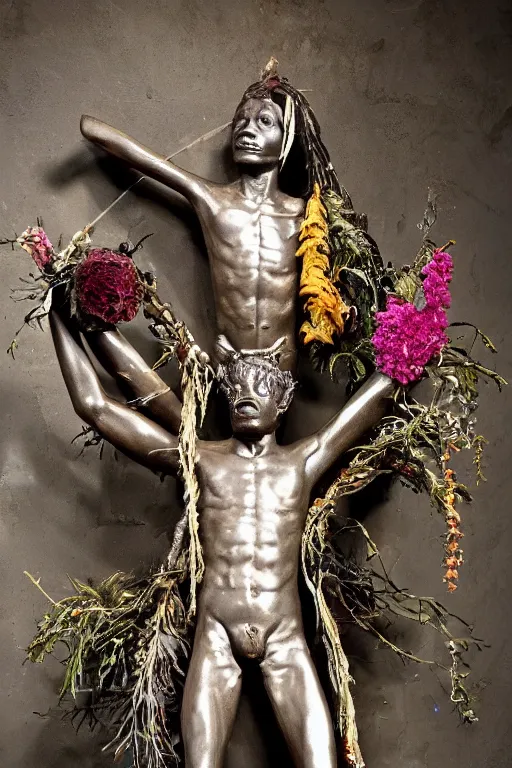 Image similar to Jean-Michel Basquiat as a bronze full-body statue of Icarus spreading his arms for flight, glowing quartz crystal skull, wreath of ferns, flowing sakura-colored silk, fabric, flowers. baroque elements, human skull. full-length view. baroque element. intricate artwork by caravaggio. many many birds birds on background. Trending on artstation. halo. octane render, cinematic, hyper realism, octane render, 8k, depth of field, 3D