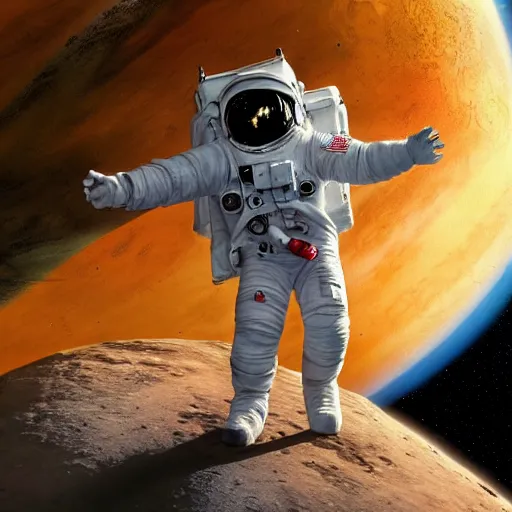 Prompt: giant astronaut floating among the planets in the solar system, oil on canvas, intricate, 8k highly professionally detailed, HDR, CGsociety