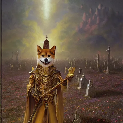 Image similar to anthropomorphic shiba inu, gold armor, standing on hill, graveyard full of bones and skulls, stuning fantasy 3 d render, masterpiece, glowing dark aura, by donato giancola and greg rutkowski and wayne barlow and zdzisław beksinski, realistic face