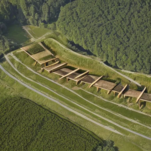 Image similar to Aerial establishing shot of circular wood palisade containing a village