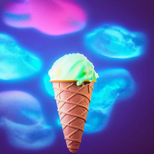 Image similar to Ice Cream Gas Clouds, Bright, Fluorescent, Neon Lamp, volumetric Light, Dispersion, Vapor, Gas, Food Coloring, Ice Cream, Artstation, by Mahmoud Sai, Octane render