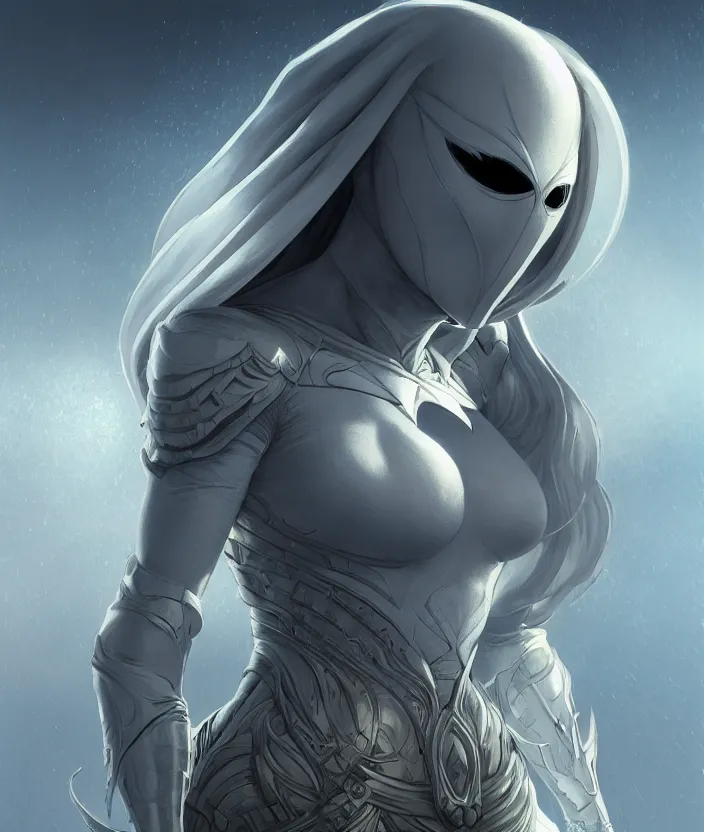 Image similar to female moon knight, hyper detailed, dynamic background, digital art, trending in artstation, cinematic lighting, studio quality, smooth render, unreal engine 5 rendered, octane rendered, art style by klimt and nixeu and ian sprigger and wlop and krenz cushart