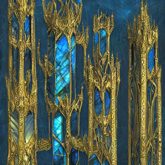 Prompt: labradorite towers in the evermoon valley are the magnum opus of elven architecture. gouache and gold leaf by the award - winning concept artist