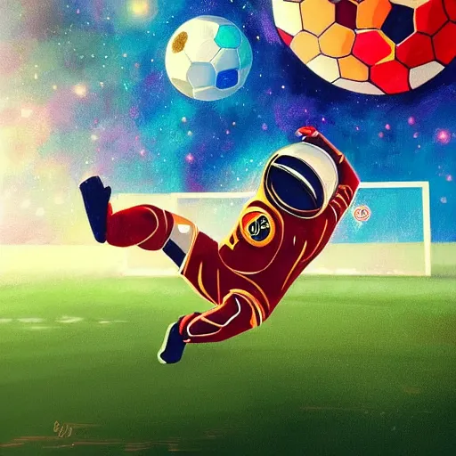 Prompt: a painting of an astronaut playing soccer in a cosmic scenic environment, soccer ball, beautiful, hyperdetailed, comic book style, trending on Artstation