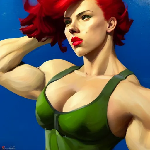 Image similar to greg manchess portrait of scarlett johansson as roided thick muscular weightlifter zarya from overwatch with short red hair ponytail and green lipstick, fantasy medium shot, asymmetrical, profile picture, organic painting, sunny day, matte painting, bold shapes, hard edges, street art, trending on artstation, by huang guangjian and gil elvgren and sachin teng