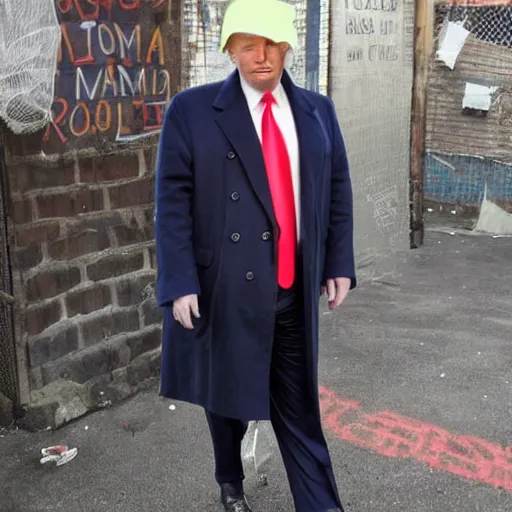 Image similar to donald trump dressed as a homeless man living in the slums