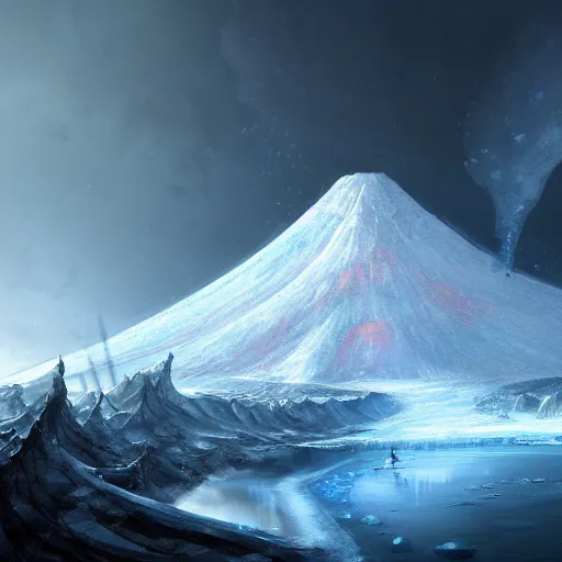 Image similar to digital painting of a frozen ice covered volcano, style of dark souls III, concept art, high angle, high detail, cold lighting, dark, vivid, beautiful, trending on artstation, by Jordan grimmer, no focus, huge scene, terrain visible