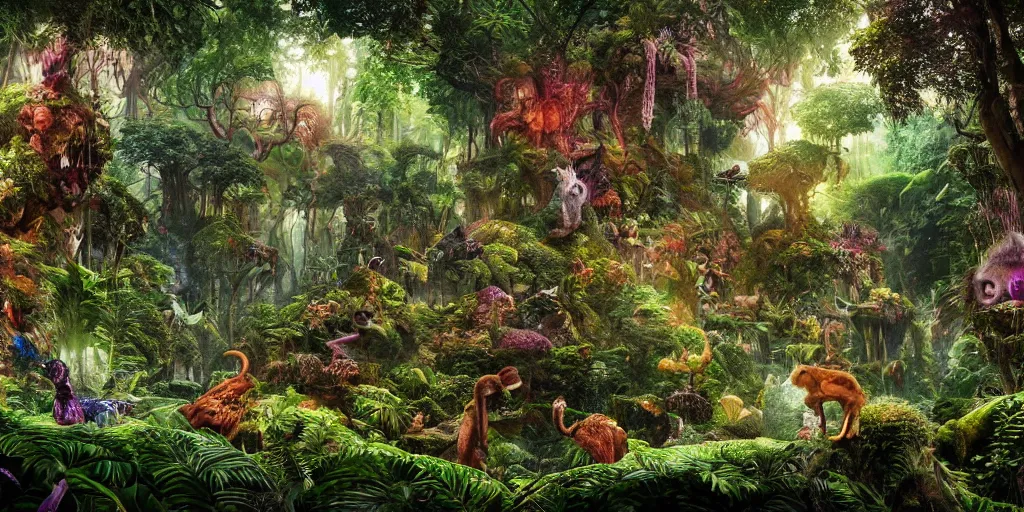 Image similar to extra wide view. a marvelous magic forest jungle inhabited with fantastic creatures. iridescent. annihilation. hyper - detailed. hyperreal. unreal render.