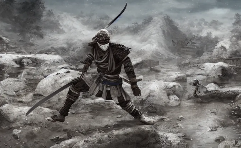 Prompt: highly detailed digital illustration of ninja shinobi in the white puddle in old, ruined, japanese village from sengoku period, surrounded by the white desert, with dark rocks, cinematic lighting, photobash, raytracing, volumetric lighting