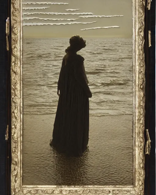 Image similar to a woman standing by the sea, made of intricate decorative lace leaf skeleton, in the style of the dutch masters and gregory crewdson, dark and moody